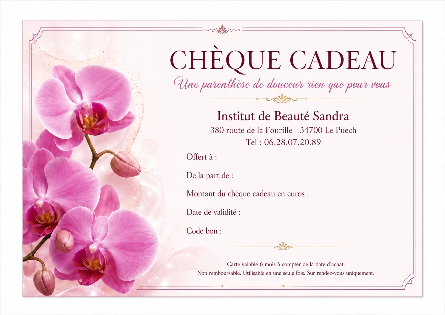 Aperçu du chèque cadeau montant libre Institut de Beauté Sandra